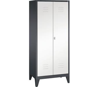 C+P CLASSIC Garderobenschrank mit Füßen, 4 Fachböden, Kleiderstange, Abteile 2 x 400 mm, schwarzgrau / verkehrsweiß