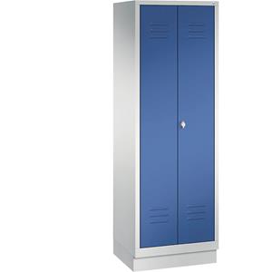 C+P CLASSIC Garderobenschrank mit Sockel, 4 Fachböden, Kleiderstange, Abteile 2 x 300 mm, lichtgrau / enzianblau