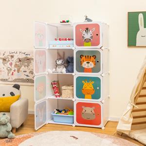 costway Kledingkast voor Kinderen Babykledingkast met 8 Vakken & Hanggedeelte Leuke Cartoon Ladekast voor Kinderkamer Slaapkamer Wit