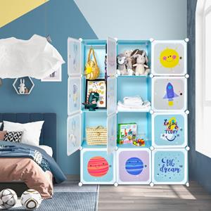 costway Kledingkast voor Kinderen Babykledingkast met 2 Hanggedeeltes & 12 Kubussen Leuke Cartoon Ladekast voor Kinderkamer Speelkamer