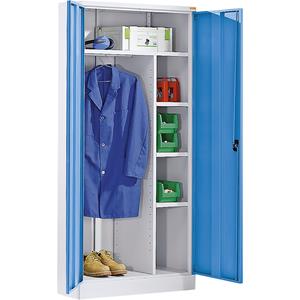 eurokraft basic Stahlschrank mit Sockel, 1 Garderobenleiste, 1 Ablageboden, 3 Fachböden, lichtgrau / lichtblau