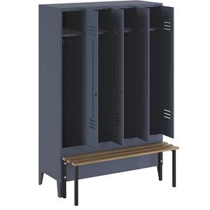 Wolf Kledingkast met aangebouwde bank, dichte deuren, vakbreedte 300 mm, 4 vakken, blauwgrijs