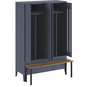 Wolf Kledingkast met aangebouwde bank, geperforeerde deuren, vakbreedte 600 mm, 2 vakken, blauwgrijs
