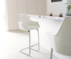 DELIFE Barstuhl Alja-Flex Bouclé Weiß Freischwinger flach Edelstahl Taschenfederkern