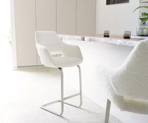 DELIFE Barstuhl Yago-Flex Bouclé Weiß Freischwinger flach Edelstahl Taschenfederkern