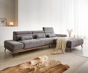 DELIFE Ecksofa Evelio 320x200 Cord Steingrau Ottomane rechts elektrische Sitztiefenverstellung