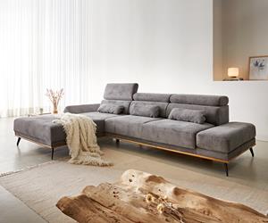 DELIFE Ecksofa Evelio 320x200 Cord Steingrau Ottomane links elektrische Sitztiefenverstellung