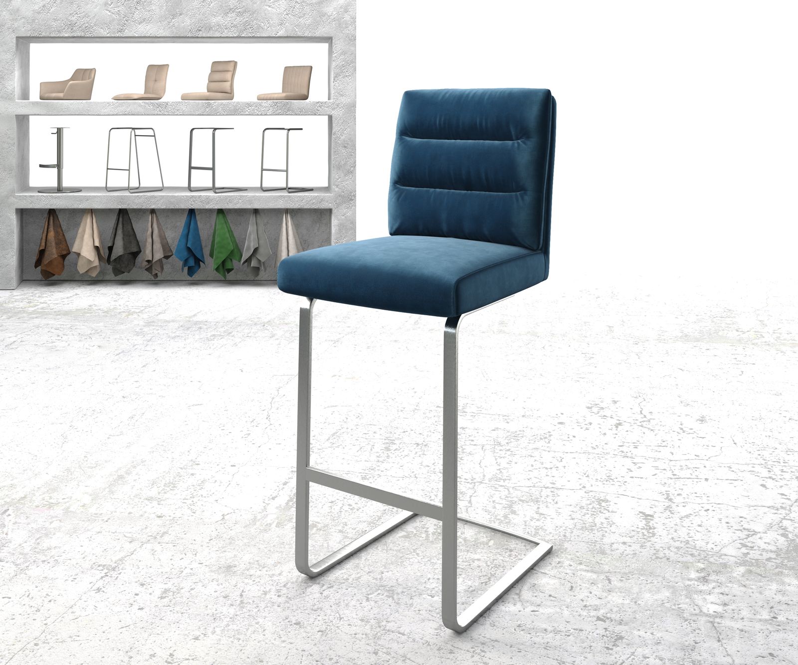DELIFE Barstuhl Pela-Flex Samt Blau Freischwinger flach Edelstahl