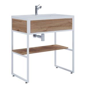 VCM 2-tlg. Waschplatz Waschtisch Badmöbel Set Waschbecken Holz Metall Industrial Style Bitila 80
