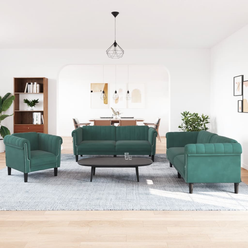 vidaXL 3-delige Loungeset fluweel donkergroen