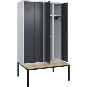 C+P Zwart-witte kledingkast Classic PLUS met zitbank, 2 compartimenten, lichtgrijs / grijs, b = 1200 mm, cilinderslot, ondergebouwd, beuken-hardhout