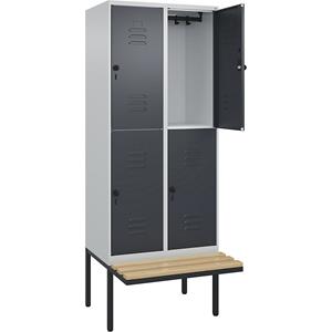C+P Kledingkast Classic PLUS met twee verdiepingen en zitbank, 2 compartimenten, lichtgrijs / grijs, b = 800 mm, veiligheidsdraaigrendel, vrijdragend, beuken-hardhout
