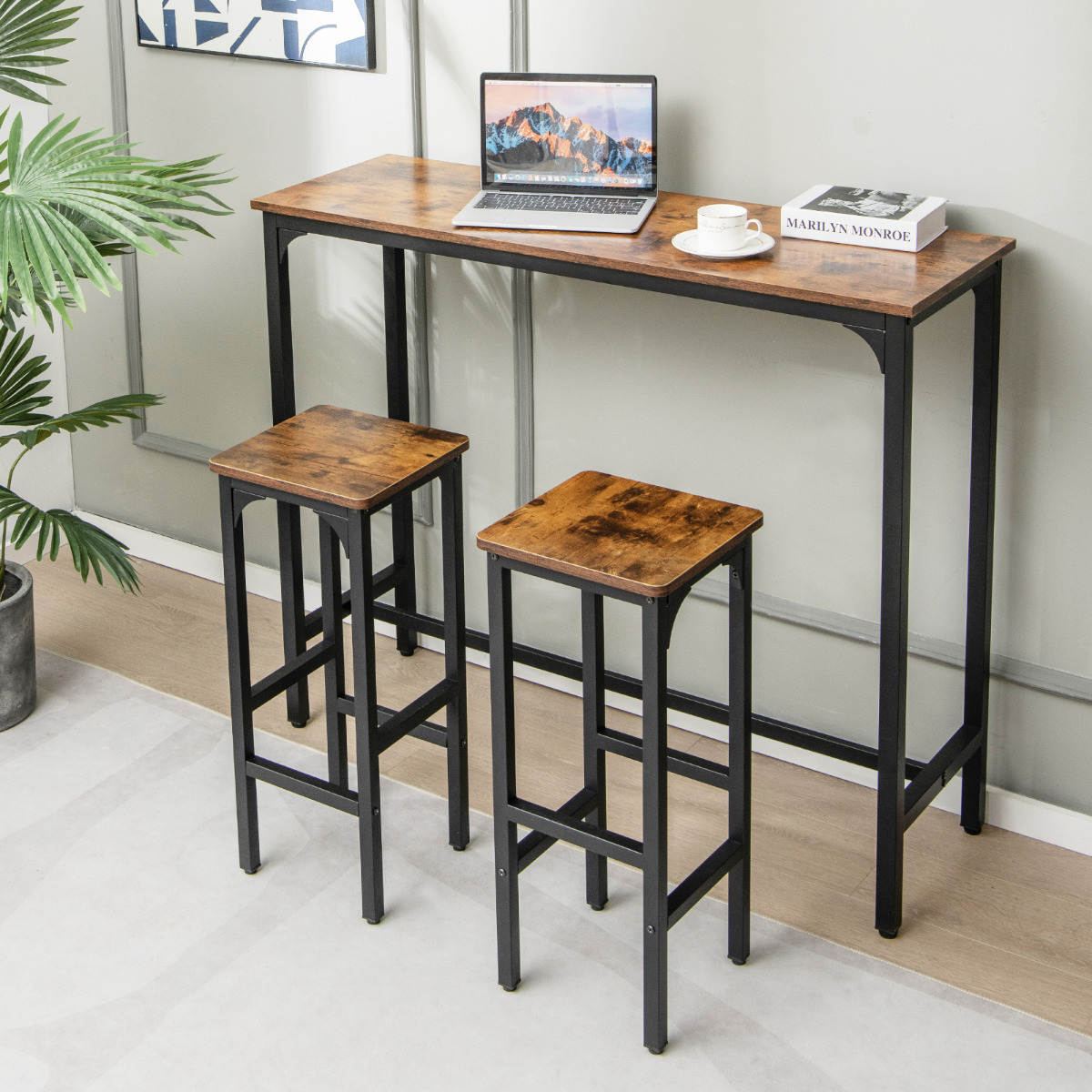 Costway Set van 2 Industriële Barkrukken 71,5cm Hoge Stoel Bar Metalen Frame Rustiek Bruin