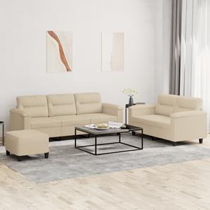 vidaXL 3-delige Loungeset met kussens microvezelstof crèmekleurig