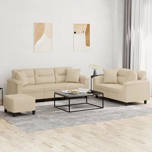 vidaXL 3-delige Loungeset met kussens microvezelstof crèmekleurig