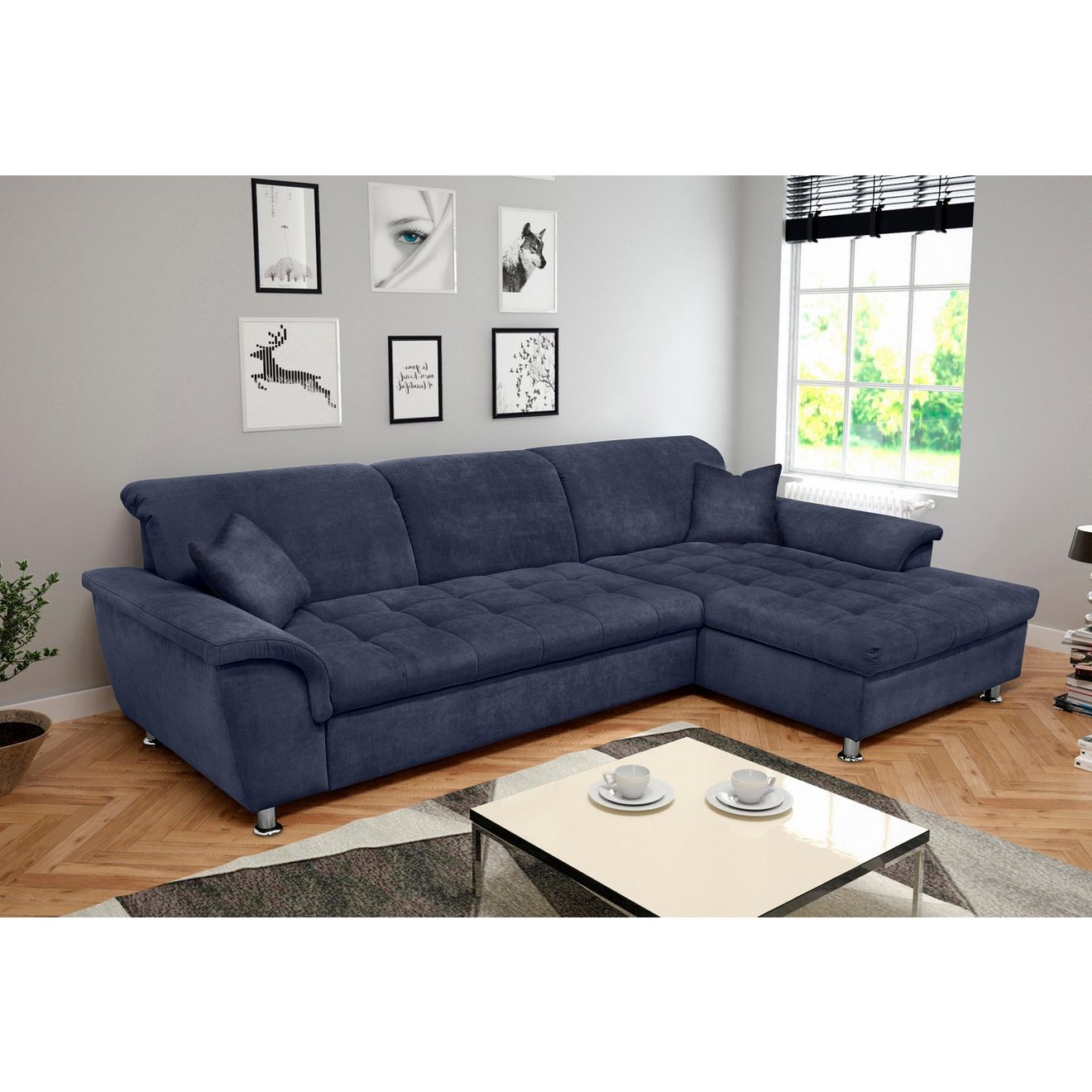 DOMO collection Hoekbank Franzi stiksels op de zitting B7T/H: 278x162x80 cm, L-model naar keuze met slaapfunctie, bedkist en verstelbare hoofdsteun