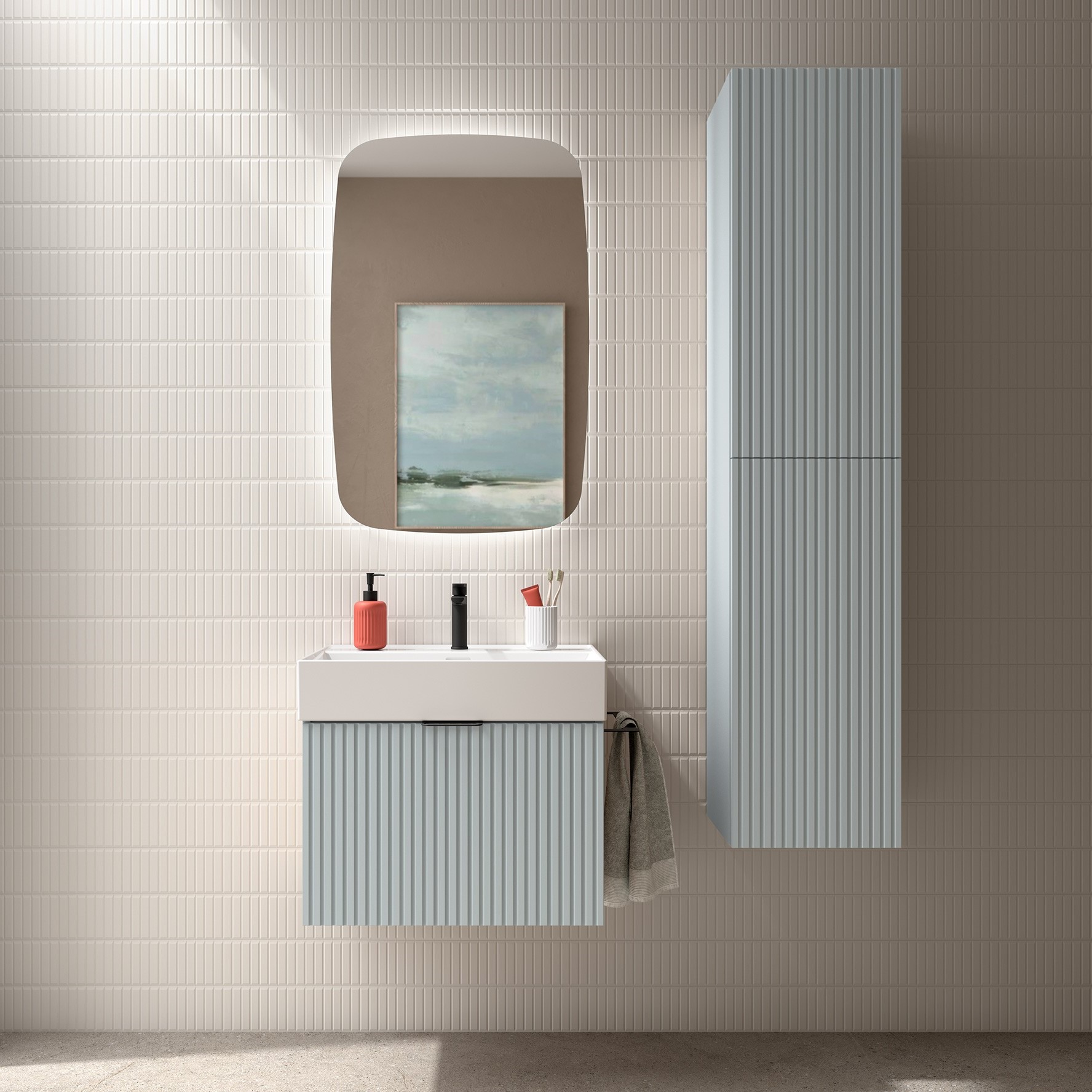 Muebles Raya onderkast ribbelfront 60cm met 1 softclose lade en binnenlade baby blauw