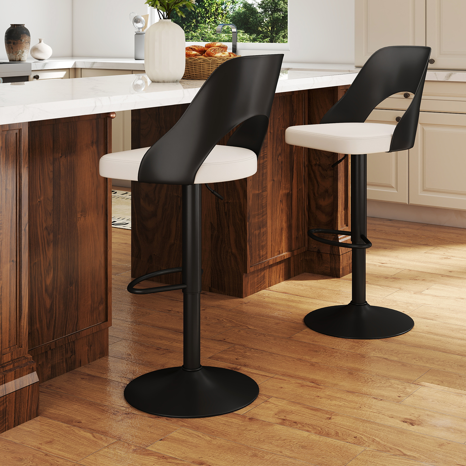 Costway Barhocker 2er Set Barkrukken 360° Draaibaar in Hoogte Verstelbare Draaistoel Keukenstoelen met Kunstlederen Zitting en Rugleuning Zwart