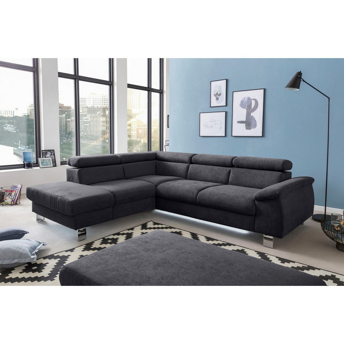 COTTA Hoekbank Komaris L-vorm met hoofdeindeverstelling keuze met bedfunctie, bedlade & verlichting