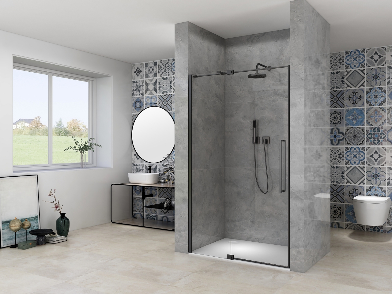 Van Rijn Nisdeur  Products ST08 Draaideur 2-Delig 120x200 cm 8 mm Helder Glas Incl. Muurprofiel, Greep en Stabilisatiestang Mat Zwart