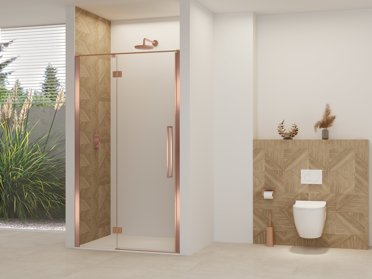 Van Rijn Nisdeur  Products ST07 Aan Vast Deel 120x200 cm 8 mm Helder Glas Incl. Beslag, Greep en Stabilisatiestang Geborsteld Koper