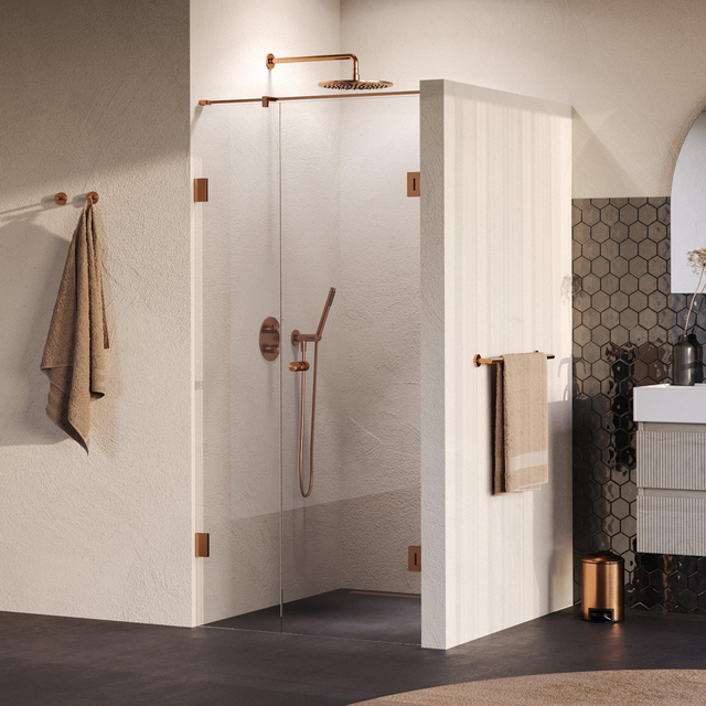 Brauer Void Carving Nisdeur - 2-delig - 100x200cm - 60cm draaideur aan muur - glascoating - omkeerbaar - helder glas - geborsteld koper PVD GS-VOCN2H6040200GK
