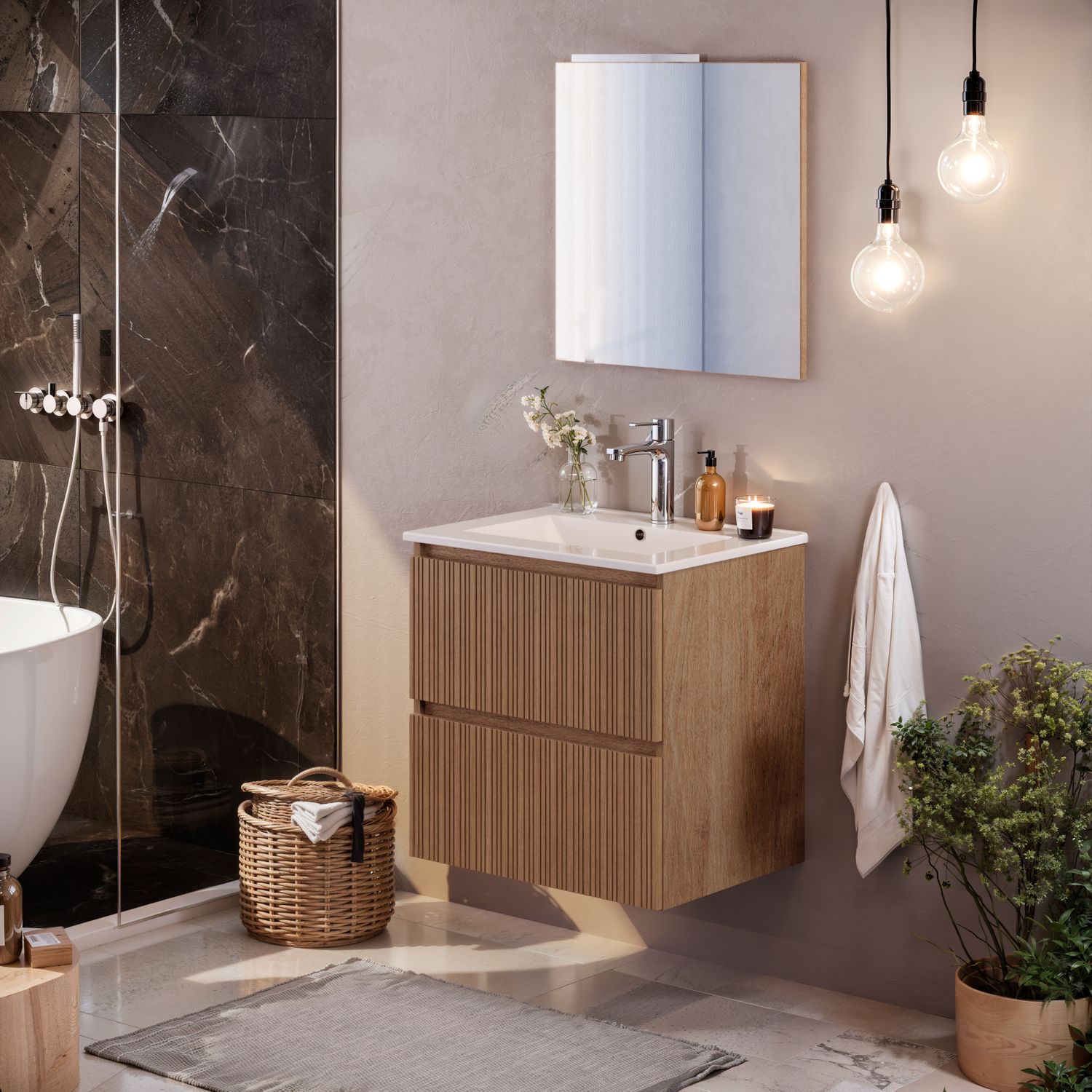 Praxis Asime Wastafelonderkast 61cm - Natuurlijk Eikenfineer Houtlook - Met 2 Lades - 61x68x47cm