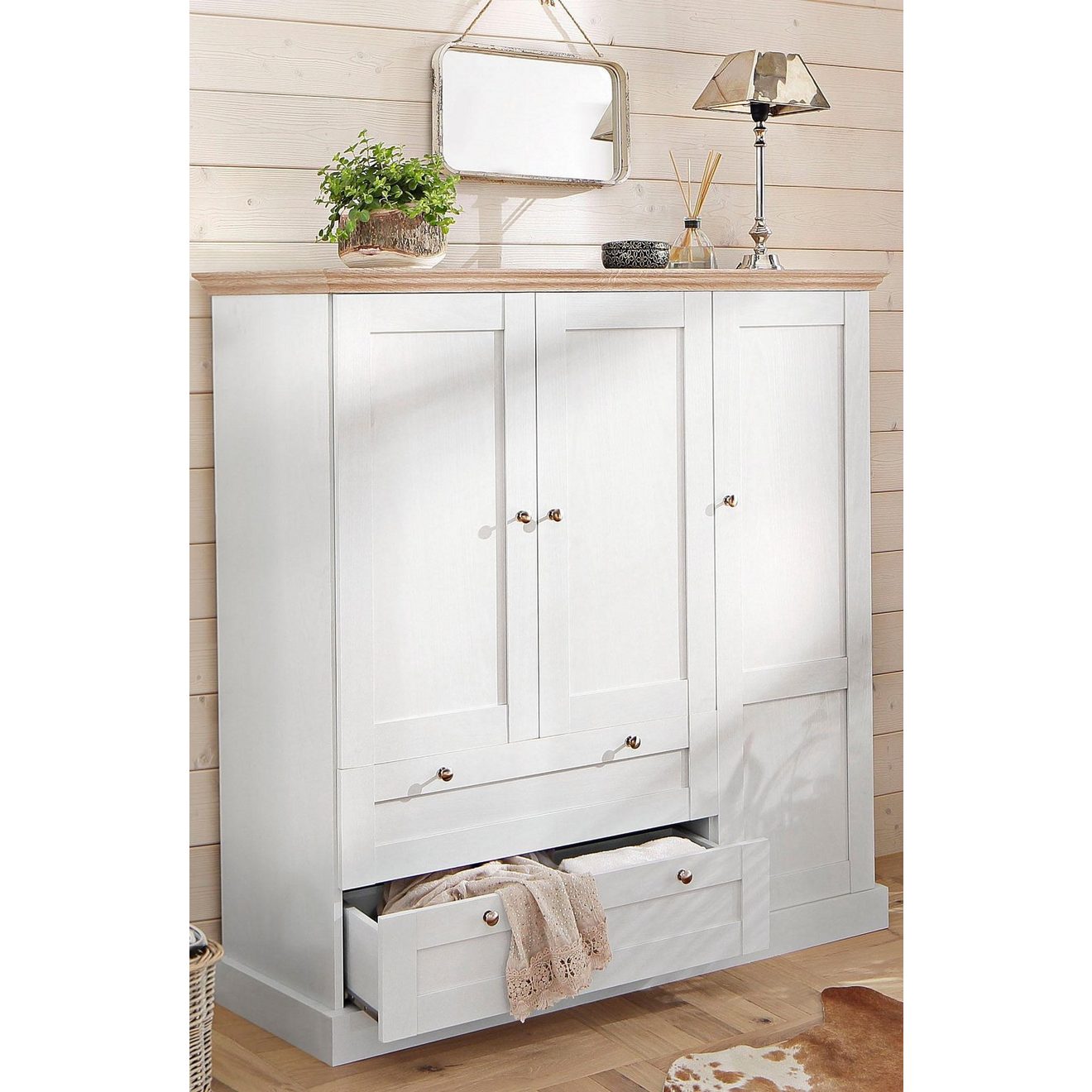 Home affaire Draaideurkast Binz, waskast, multifunctionele kast, Scandinavisch landhuisstijl veel opbergmogelijkheden, metalen handgrepen, deuren met frame/cassettes