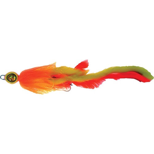 Predox Monstertails 21 g - langzaam zinkende snoekstreamer met veren en scherpe dreg Orange/Yellow