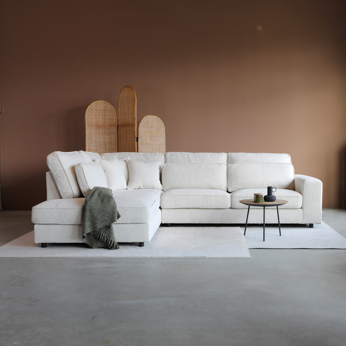 PEPP Interiors Hoekbank Richie 290cm, met ottoman links, Bouclé - Naturel