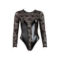 Cotelli Collection Zwarte wetlook body met kant