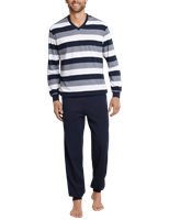 Schiesser Pyjama lange blokstrepen manchetten donkerblauw - Dark Sapphire 
