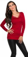 Sexy  V-Cut sweater with rhinestones & lace Red