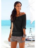 Lascana Shirt met carmenhals met 3/4-mouwen, blouseshirt met striklint en elastische tailleband