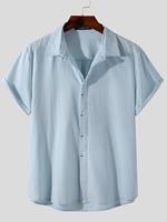 INCERUN Plus Size Mens Cotton Solid Concealed Placket Plain Casual Short Sleeve Shirts