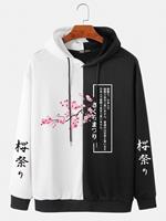 ChArmkpR Mens Cherry Blossoms Japanese Print Two Tone Patchwork Street Drawstring Hoodies