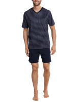 Schiesser heren shortama - Ebony Blue - Ruit - Katoenen zomer pyjama korte broek korte mouw