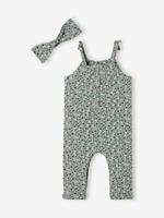 Set jumpsuit en haarband babymeisje van molton groengrijs met print