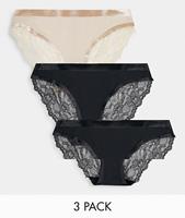 Dorina slips 3-pack Crystal - kant - Zwart/Huidskleur