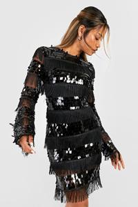 Sequin And Tassel Long Sleeve Bodycon Dress, Black