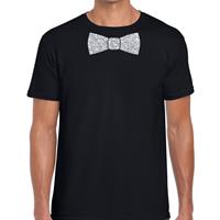 Bellatio Decorations Zwart fun t-shirt met vlinderdas in glitter zilver heren -