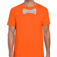 Bellatio Decorations Oranje fun t-shirt met vlinderdas in glitter zilver heren -