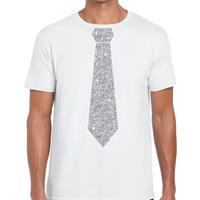 Bellatio Decorations Wit fun t-shirt met stropdas in glitter zilver heren -