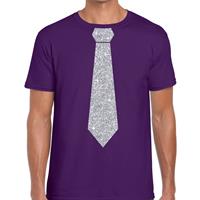 Bellatio Decorations Paars fun t-shirt met stropdas in glitter zilver heren -