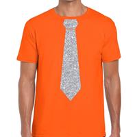 Bellatio Decorations Oranje fun t-shirt met stropdas in glitter zilver heren -