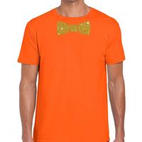Bellatio Oranje fun t-shirt met vlinderdas in glitter goud heren