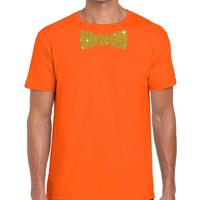 Bellatio Decorations Oranje fun t-shirt met vlinderdas in glitter goud heren -
