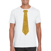 Bellatio Decorations Wit fun t-shirt met stropdas in glitter goud heren -