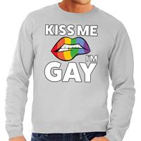 Bellatio Decorations Kiss me i am gay sweater shirt grijs voor heren