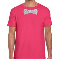 Bellatio Decorations Roze fun t-shirt met vlinderdas in glitter zilver heren -